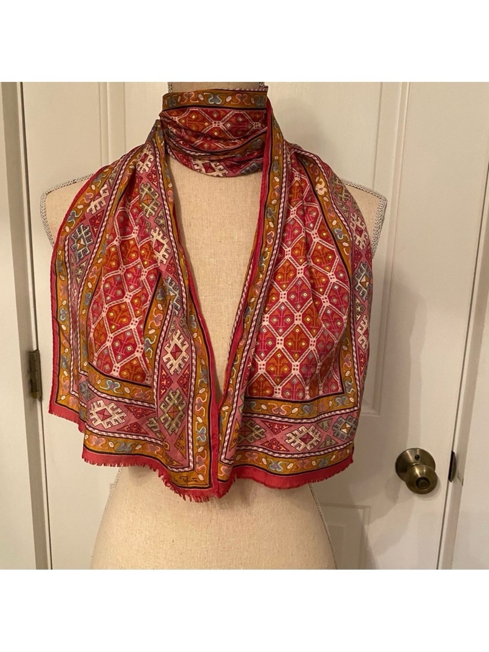 OSCAR DE LA RENTA SCARF BROWN RED GRAY GOLD SILK LONG RECTANGLE IKAT TRIBAL